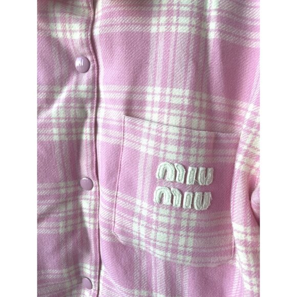Miu Miu Pink & White Plaid Wool Button-Up Shirt Jacket Womens - Picture 4 of 13